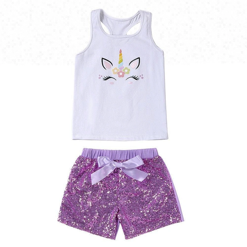 Newest unicorn printed tank top and sequin shorts with bowknot outfit girls unicorn set