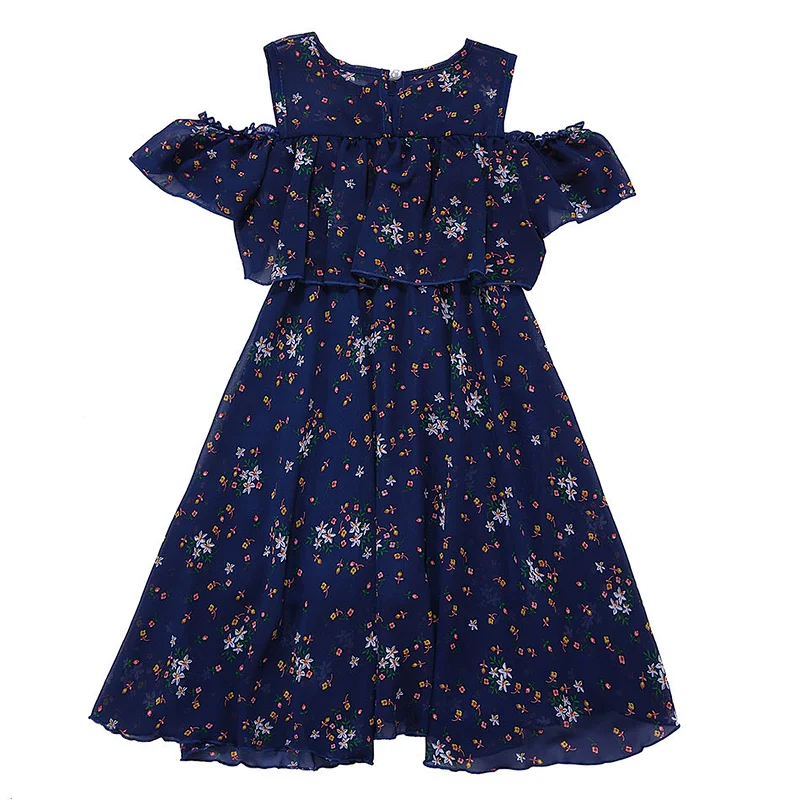 Boutique Polyester Flora Cold Off Shoulder Tassel Dress For Baby Girls