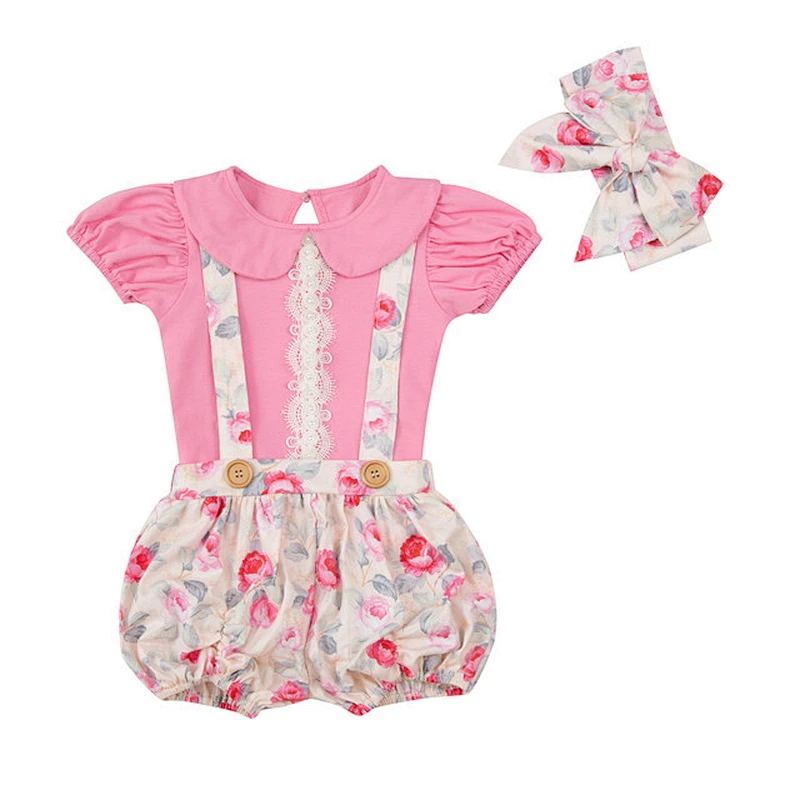 Lovely baby girls lantern pattern suspenders shorts short sleeve top clothing set