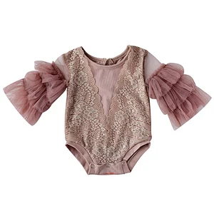 KAPU  Toddler cotton newborn baby girl fower lace flutter long sleeve romper clothes