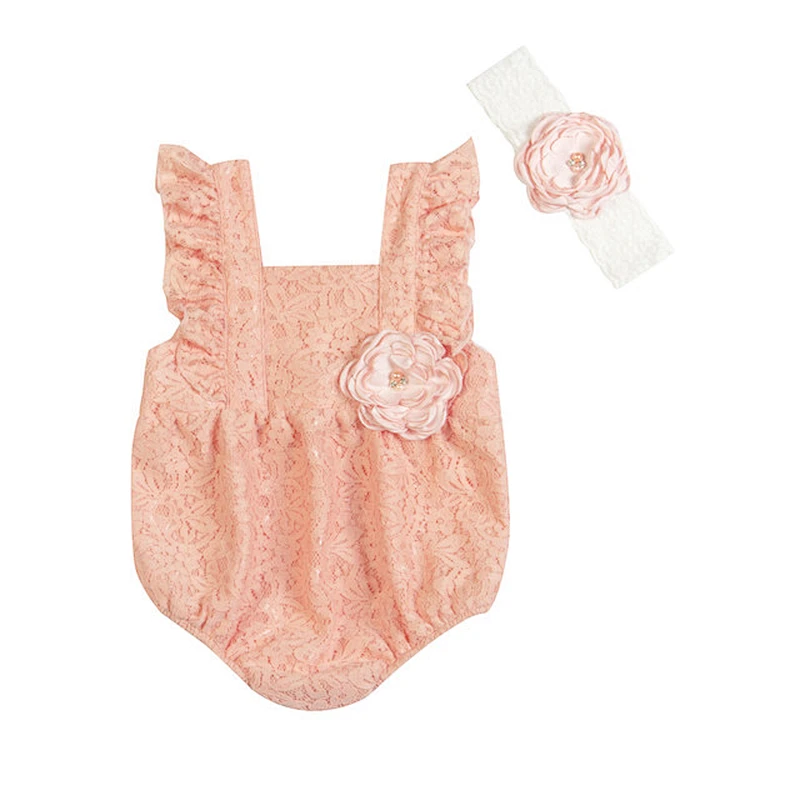 Kapu Newborn Baby Clothes Baby Girl Romper Girl flutter Sleeve Romper With Flower Headband