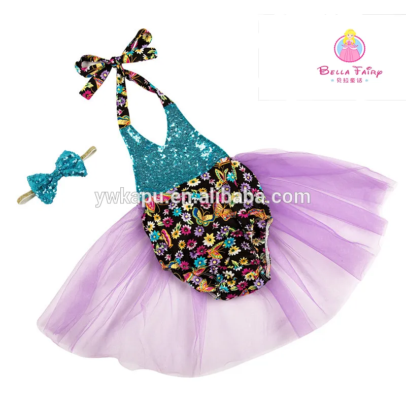2018 direct sale boutique children clothes design for party stage holiday halter romper sequin tutu dress