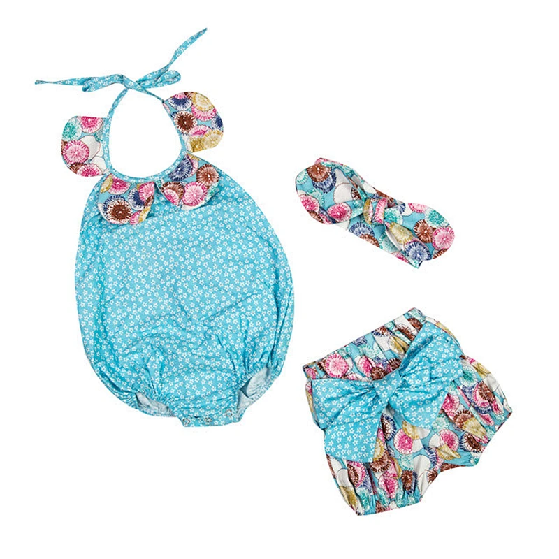 Baby Infant Girls Halter Flower Collar  Romper Short Pants Baby Clothing 3 PCs Sets With Floral Headband