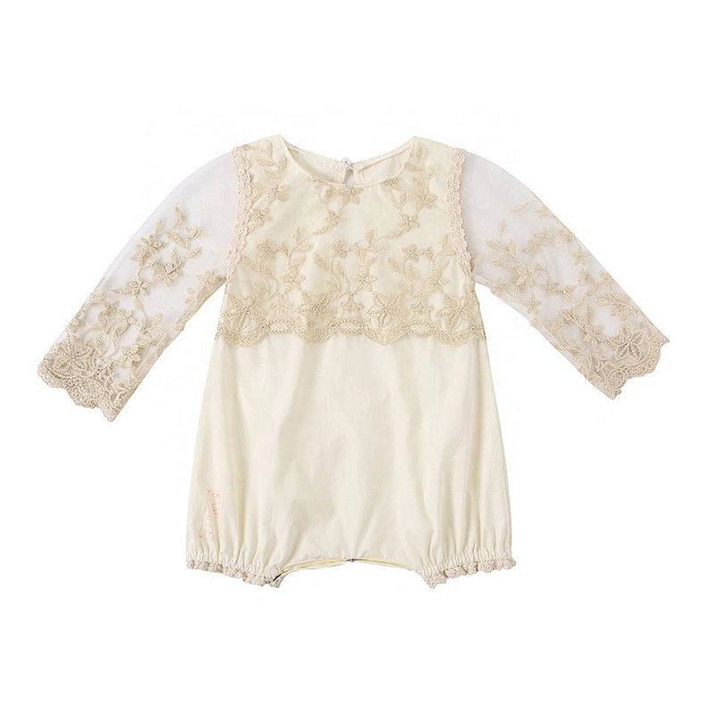 Direct Selling Infant Girls Golden Lace Long Sleeve Baby White Rompers