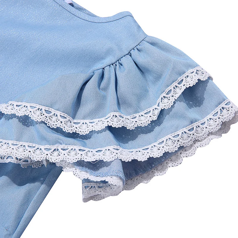Denim Dress Baby Cotton Dresses Double-Cuffs Lace Denim Tunic Dress For Girl
