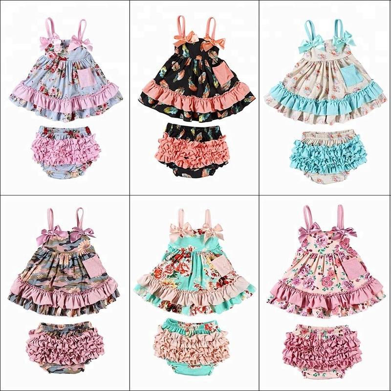 Fashion cotton floral printed outfits baby girl swing outfits made in China