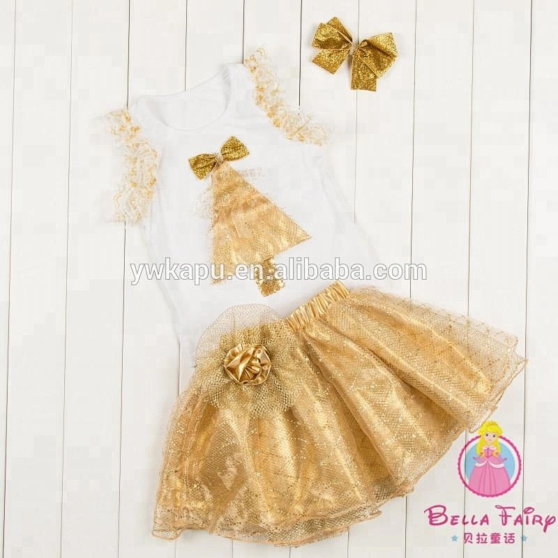 Wholesale New style ChristmasTree Girl Dress Girls Christmas Outfits Cotton Top And Sequin Skirt