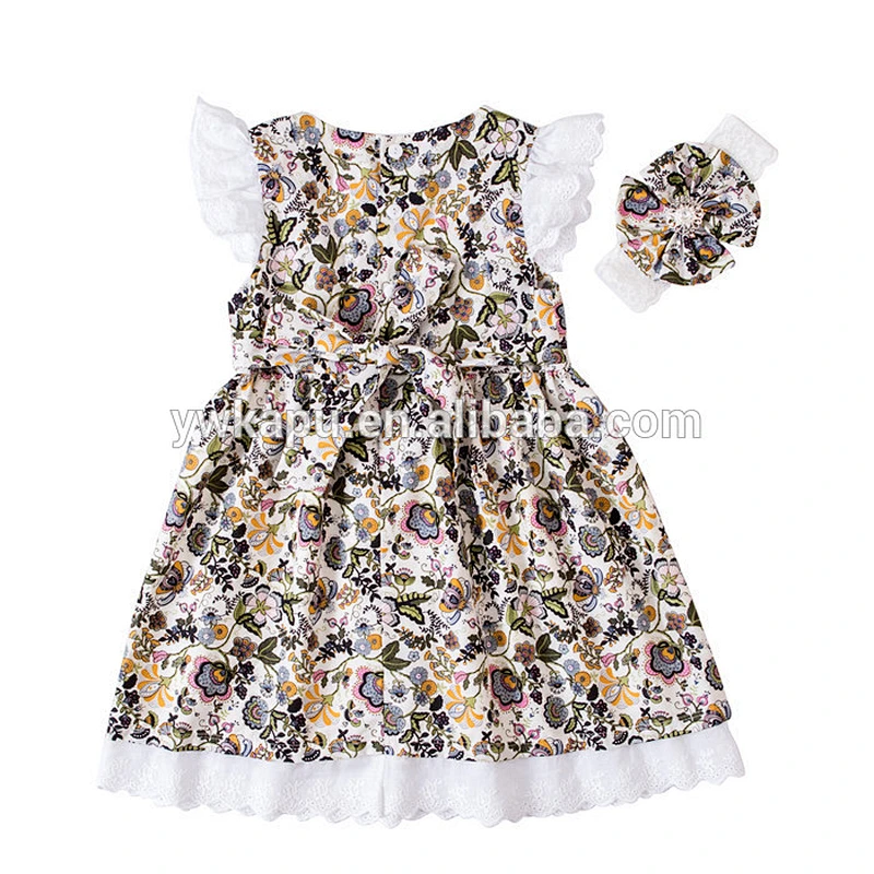 Newest Cotton Baby Girl Lace Dress,Boutique Bow Headband Girl Flutter Sleeve Dresses