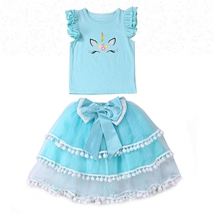 2019 Wholesale  Kids Fashionable Clothing  Unicorn Tutu WIth Pompom and Flutter Sleeve Shirt Girl Birthday Party Outfit
