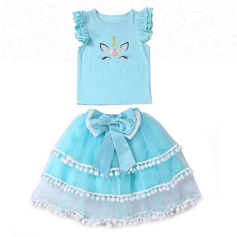 2019 Wholesale  Kids Fashionable Clothing  Unicorn Tutu WIth Pompom and Flutter Sleeve Shirt Girl Birthday Party Outfit