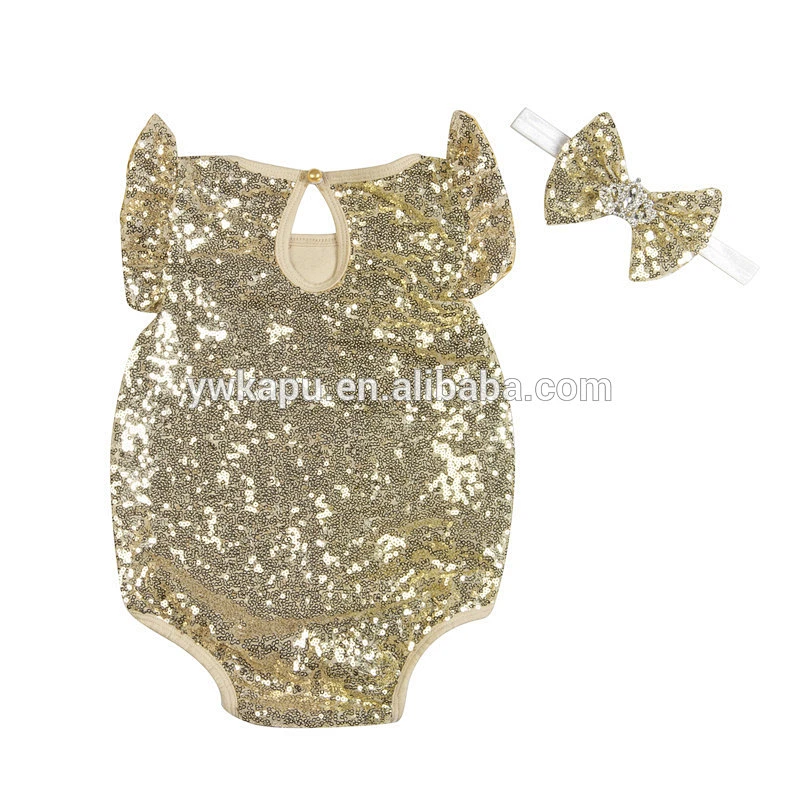 Plain Sequin Romper with Matching Crown Headband,Baby Onesie from Yiwu