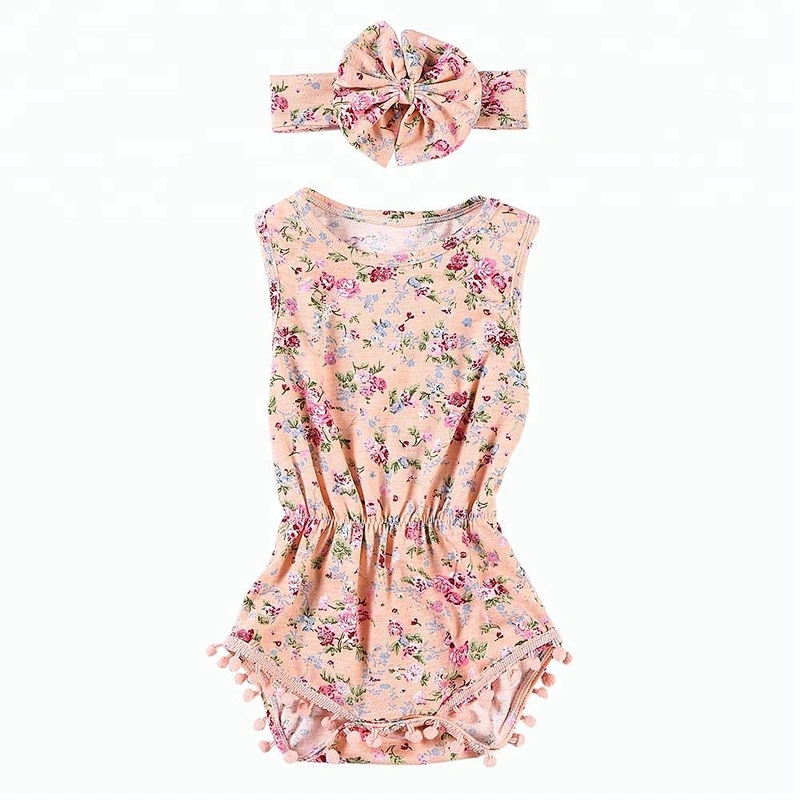 Spring baby girl clothing wholesale floral printed pompoms romper set with headband