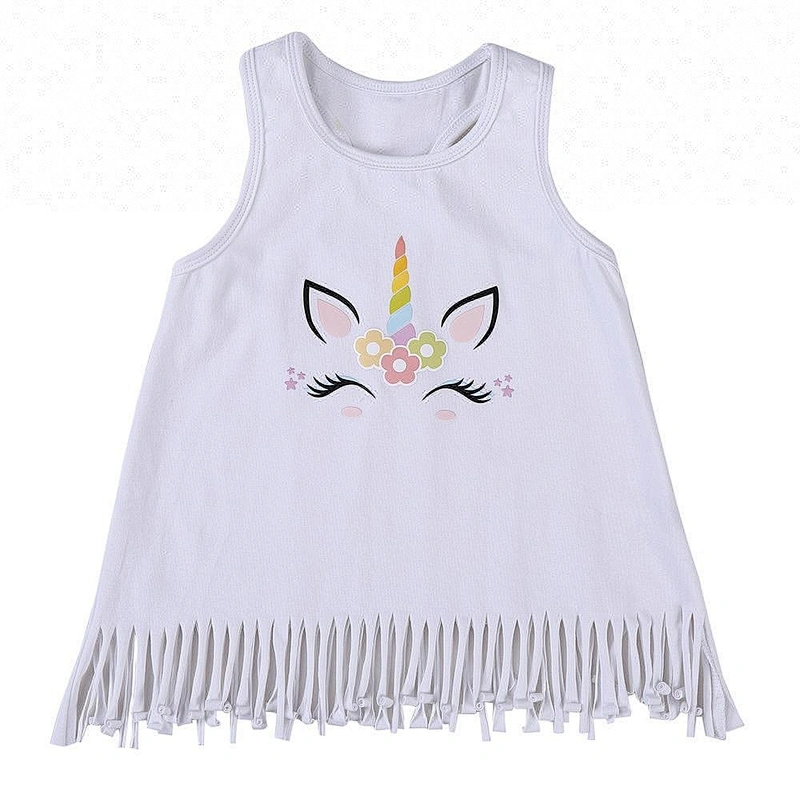 2018 Unique pink or white unicorn printed babe dress girl shirt girl fringe tank top