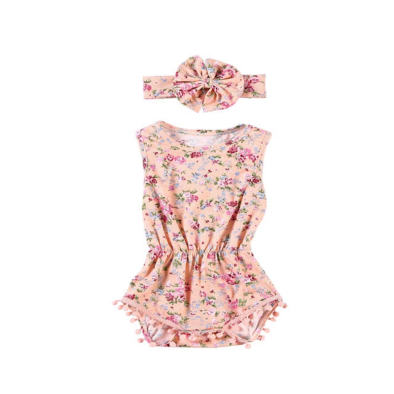 Boutique 2 PCs ruffle pompom romper with flower  headband sets fancy baby clothes girl romper