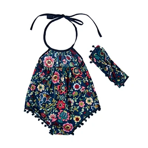 Cute design cotton baby girl bodysuit flower printing sleeveless halter romper with pompom headband