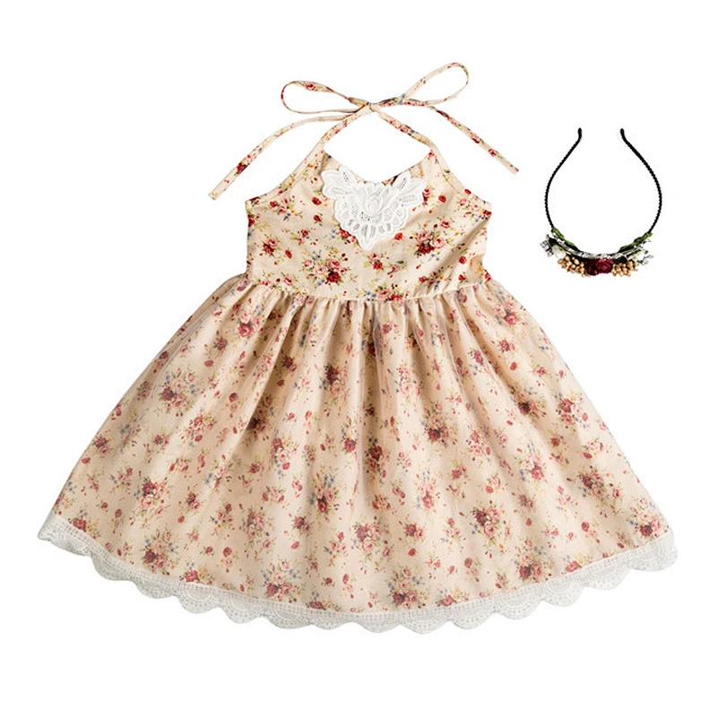 Baby Girl Kids Vintage Flower Floral Tutu Dress  Cotton Backless Princess Girl Dresses
