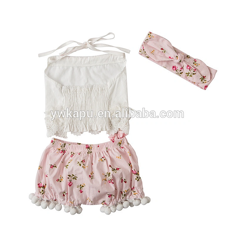 New arrivals lovely baby girl clothes wholesale sleeveless lace top pompom short set with bowknot