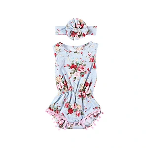 New design  2 PCs ruffle pompom romper with flower headband sets fancy baby girl romper outfits