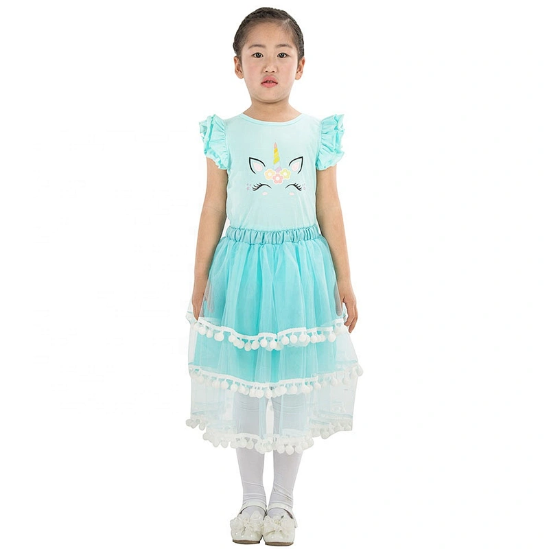 Beautiful Sky Blue Casual Dress Sets, Two Piece Pompom Skirt Sets for Children Girls