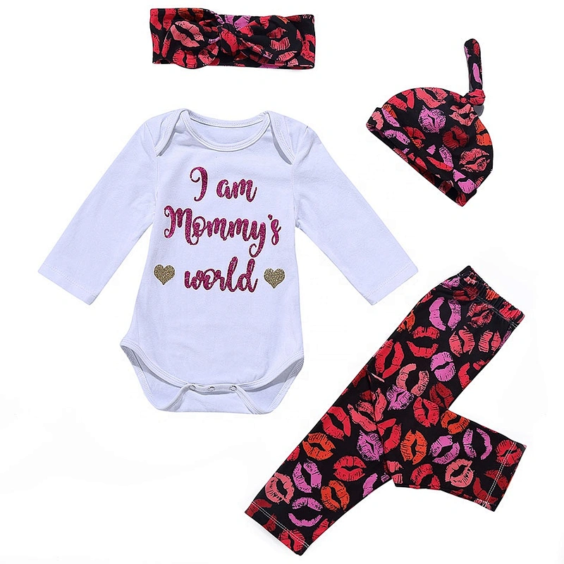 Fashionable Baby Girls 4 Pieces Matching Romper + Leggings + Headband + Hat Sets