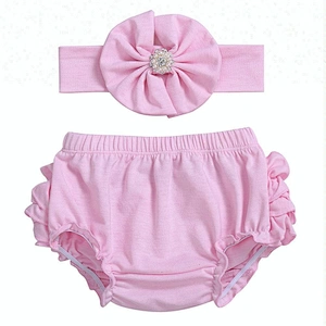 Multiple colors for choice wholesale soft cotton baby ruffle bloomers with headband