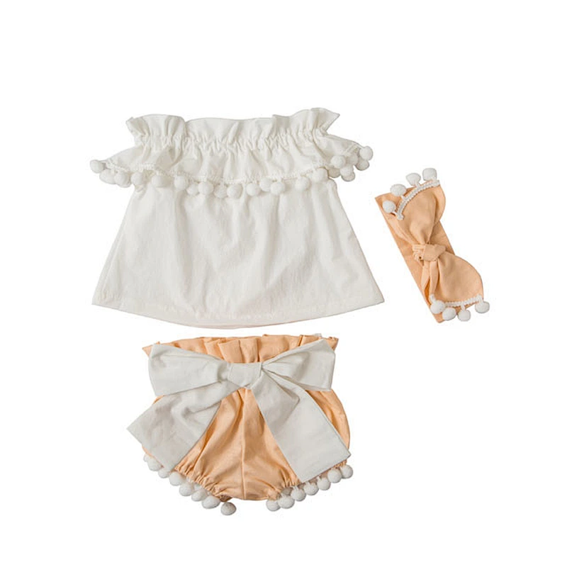 China product and wholesale pompom  with headband for baby kids for summer including shorts and top