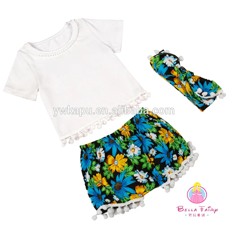New arrival baby summer outfits girls cute pompom patterns clothes kids lovely short sleeve outfit set