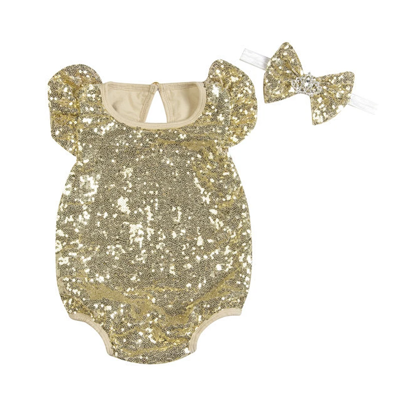 Baby Girls Sequins  Bodysuit Romper Jumpsuit Summer Baby Romper With Headband