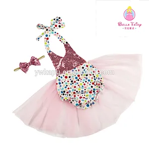 2018 direct sale boutique children clothes design for party stage holiday halter romper sequin tutu dress