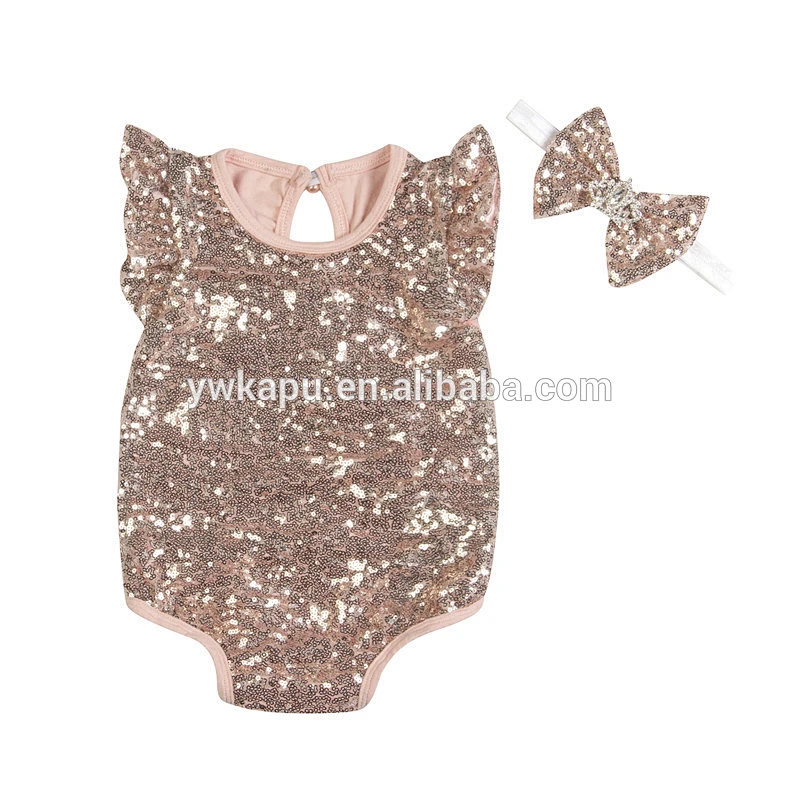 Plain Sequin Romper with Matching Crown Headband,Baby Onesie from Yiwu