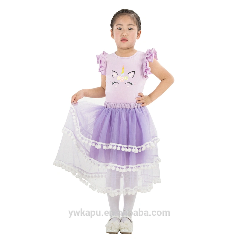 Wholesale boutique lovely infant outfit baby girls top match pompom skirt unicorn dress sets