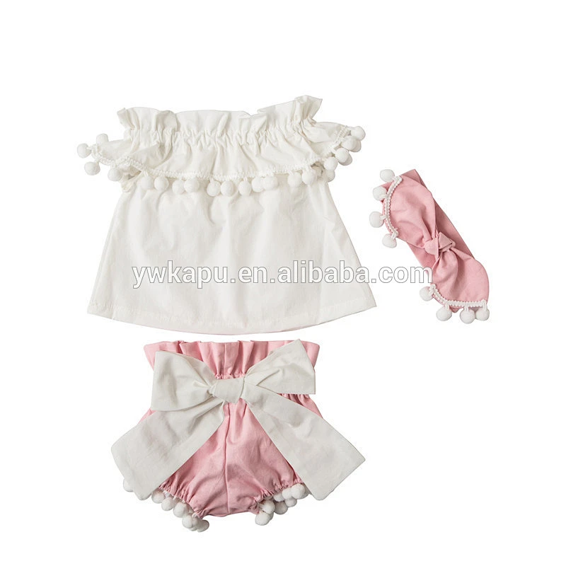 Hot style fancy baby girls Pompom Off Shoulder Outfits