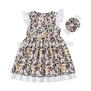 Newest Cotton Baby Girl Lace Dress,Boutique Bow Headband Girl Flutter Sleeve Dresses