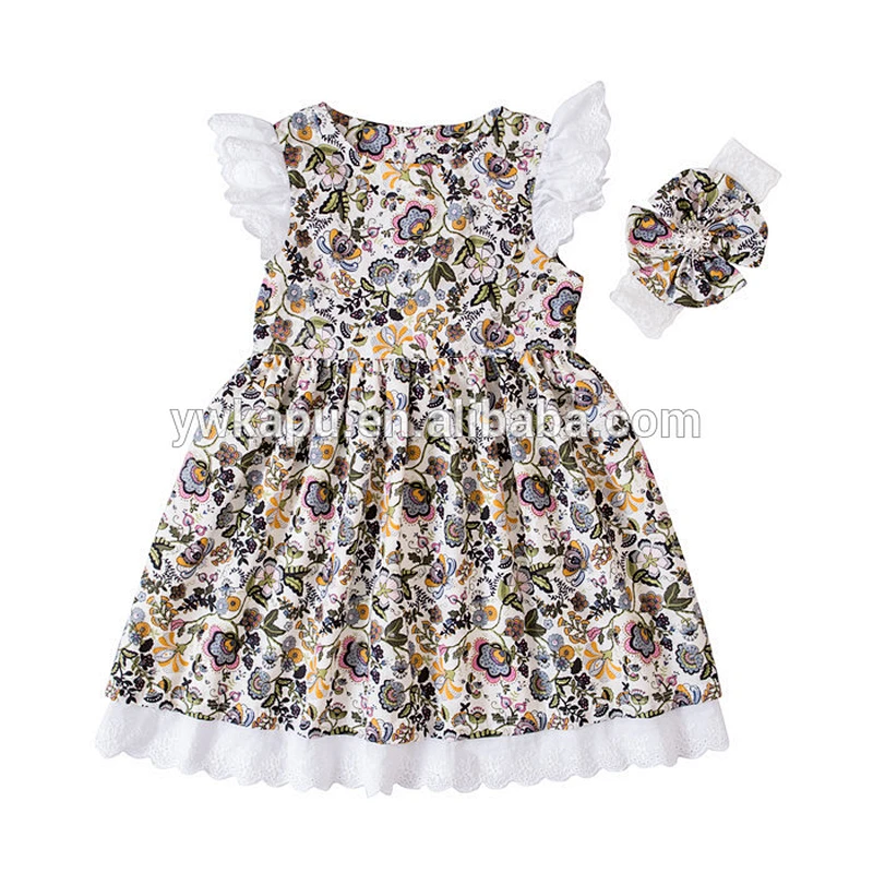 Newest Cotton Baby Girl Lace Dress,Boutique Bow Headband Girl Flutter Sleeve Dresses