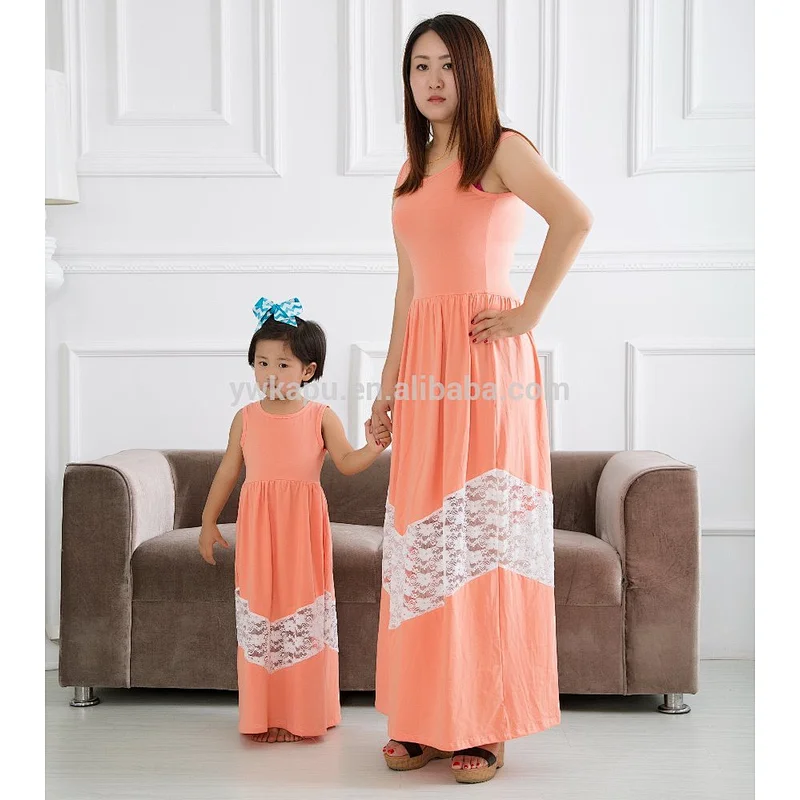 2016 Wholesale Cotton Sleeveless Momy And Me Long Skirt, High Quality Plain Soft Family Clothes
