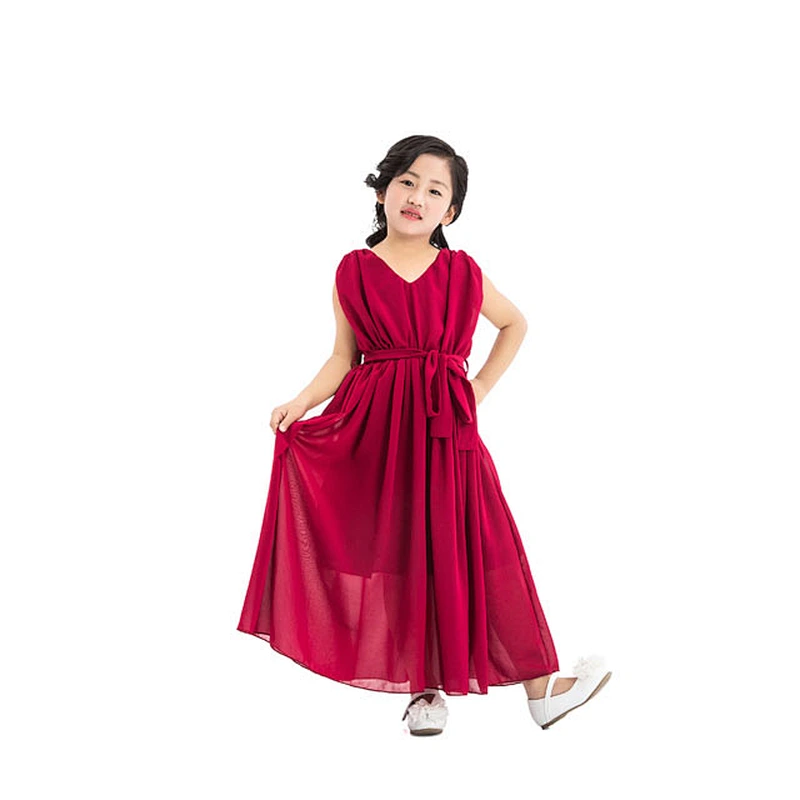 Princess baby girl long chiffon maxi clothes v-neck with belt evening party dress