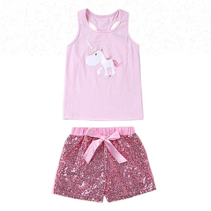 Newest unicorn printed tank top and sequin shorts with bowknot outfit girls unicorn set