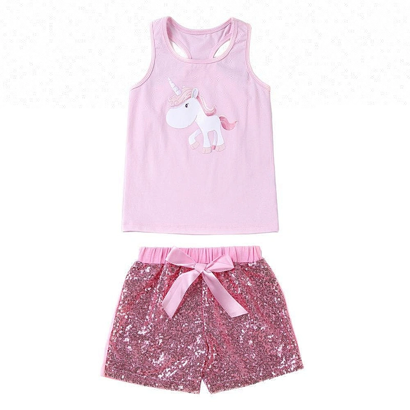 Newest unicorn printed tank top and sequin shorts with bowknot outfit girls unicorn set