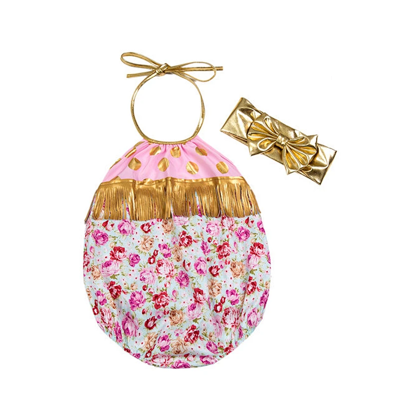 Superior quality baby romper with golden tassel big bow knot headband