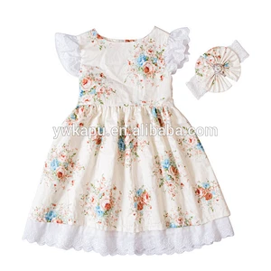 Newest Cotton Baby Girl Lace Dress,Boutique Bow Headband Girl Flutter Sleeve Dresses