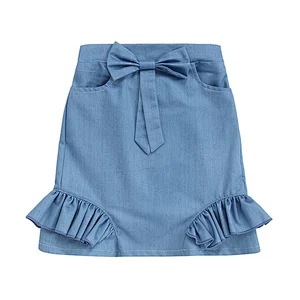 2019 Piglet Tail Design Skirt  Kid  Bow Skirt  With Pocket Baby Girl Denim  Skirts