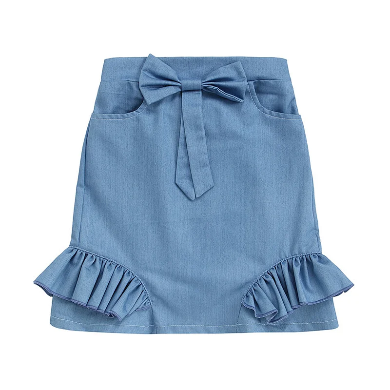 2019 Piglet Tail Design Skirt  Kid  Bow Skirt  With Pocket Baby Girl Denim  Skirts