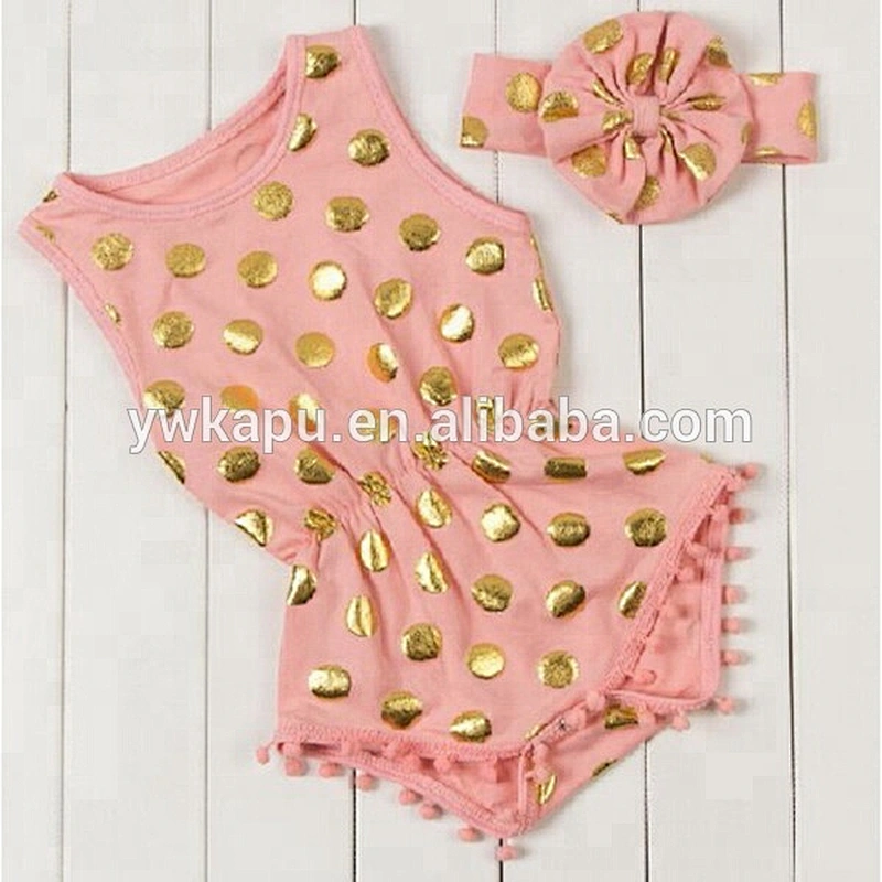 New designs popular romper gold dot cotton jumpsuit kids clothes wholesale cotton pompom bodysuit for baby girls with bows