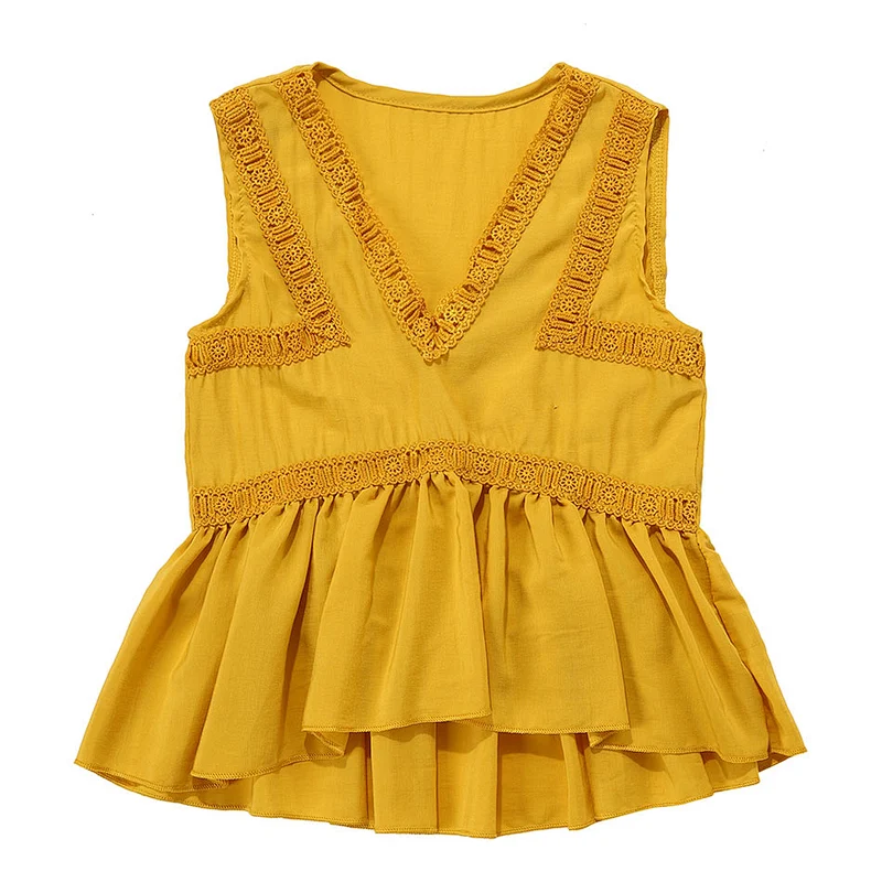Latest yellow rayon sleeveless girls party wear top casual top for girls