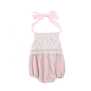 Bulk Sale Baby Girls Backless Velour Halter Rompers with Cute Lace Decoration