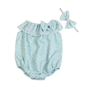 Fashion Sweet Style Sky Blue Baby Girls Clothes Rompers With Headband