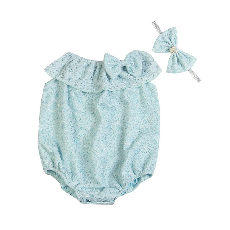 Fashion Sweet Style Sky Blue Baby Girls Clothes Rompers With Headband