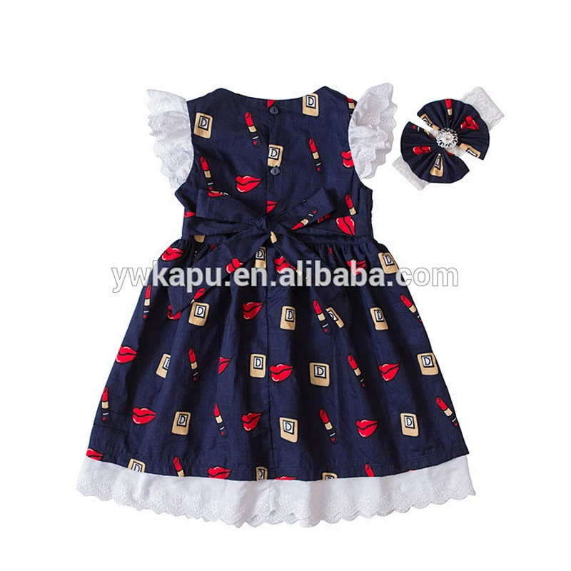 Newest Cotton Baby Girl Lace Dress,Boutique Bow Headband Girl Flutter Sleeve Dresses
