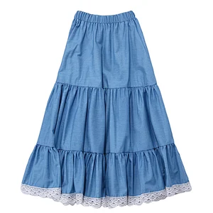 Boutique Hot Sale Kid A-line skirts Elastic Waist Skirt Lace Denim Long Skirts For Girl