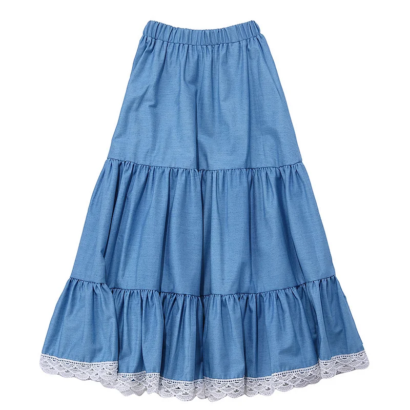 Boutique Hot Sale Kid A-line skirts Elastic Waist Skirt Lace Denim Long Skirts For Girl
